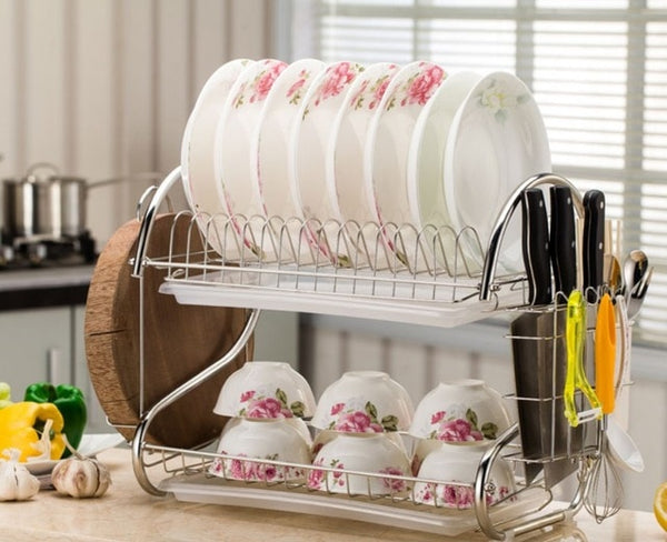 2-3 Tiers Dish Drying Rack Kitchen Washing Holder Basket Plated Iron Kitchen Knife Sink Dish Drainer Drying Rack Organizer B484