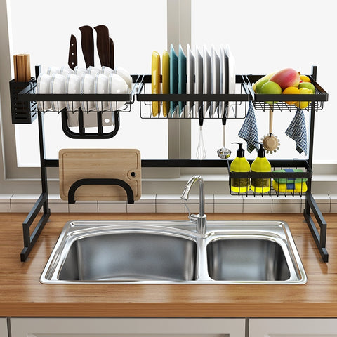 Black 65/85cm Stainless Steel Kitchen Dish Rack U Shape Sink Drain Rack Two layers Kitchen Shelf Kitchen Supplies Storage Holder