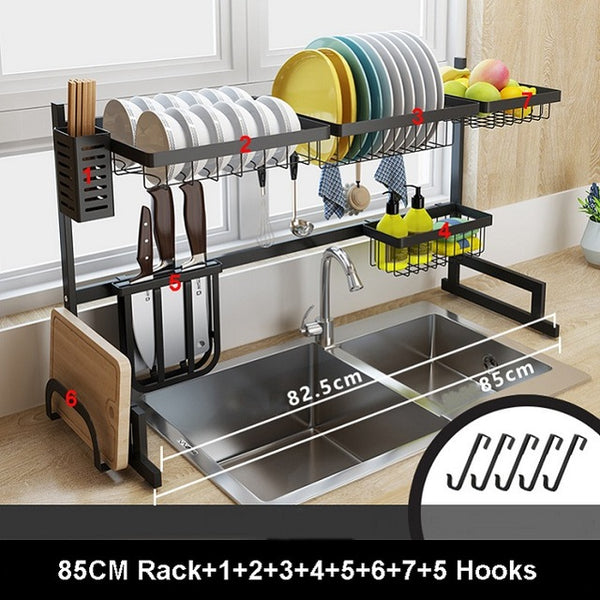 Black 65/85cm Stainless Steel Kitchen Dish Rack U Shape Sink Drain Rack Two layers Kitchen Shelf Kitchen Supplies Storage Holder